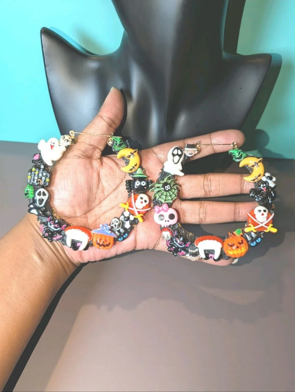 Hand Crafted Multicolor Halloween Charm Decoden Xl Hoop Earrings For Women